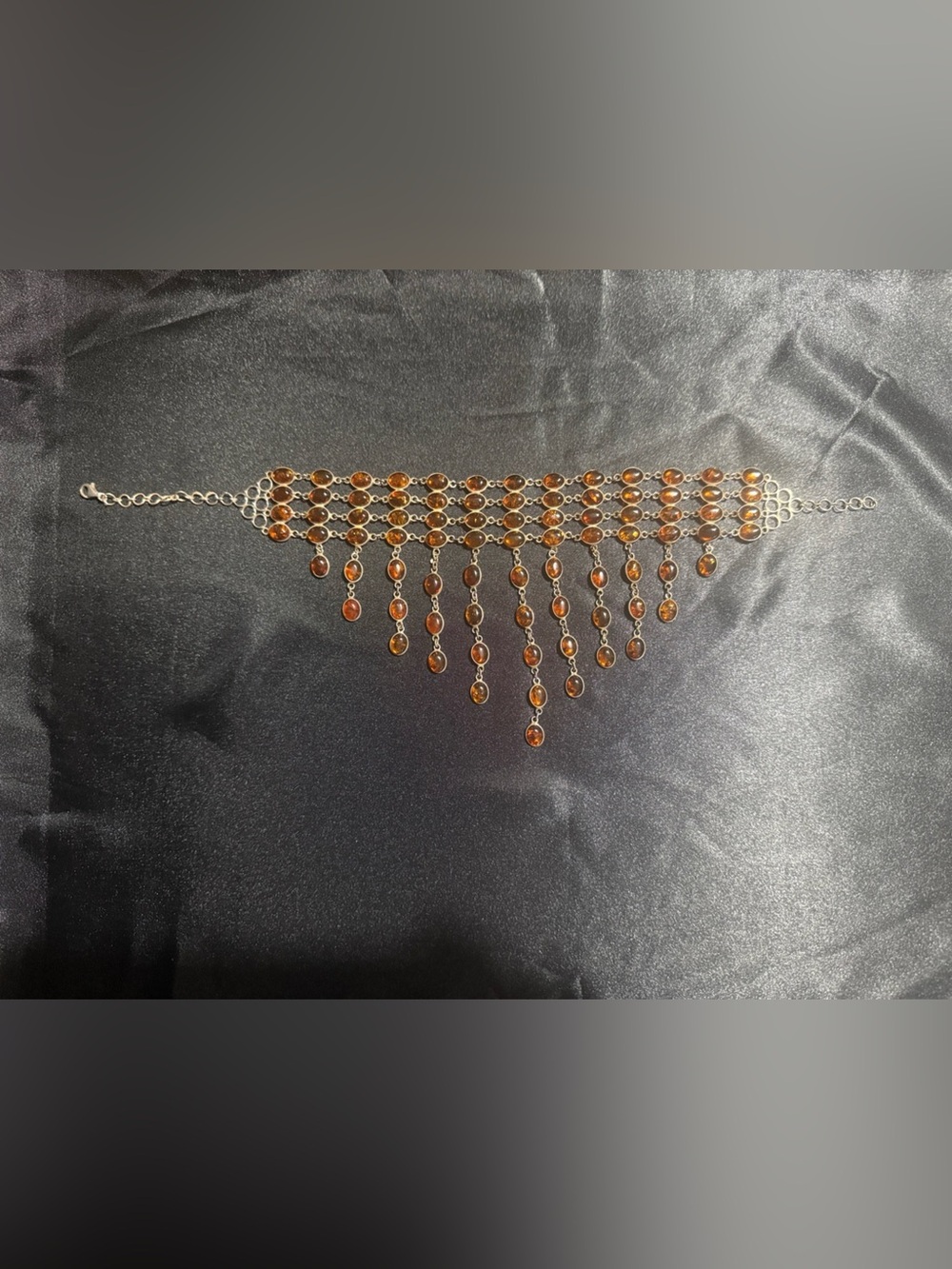 Vintage 925 Sterling Silver Baltic Amber Waterfall Fringe Necklace. - Picture 4 of 8